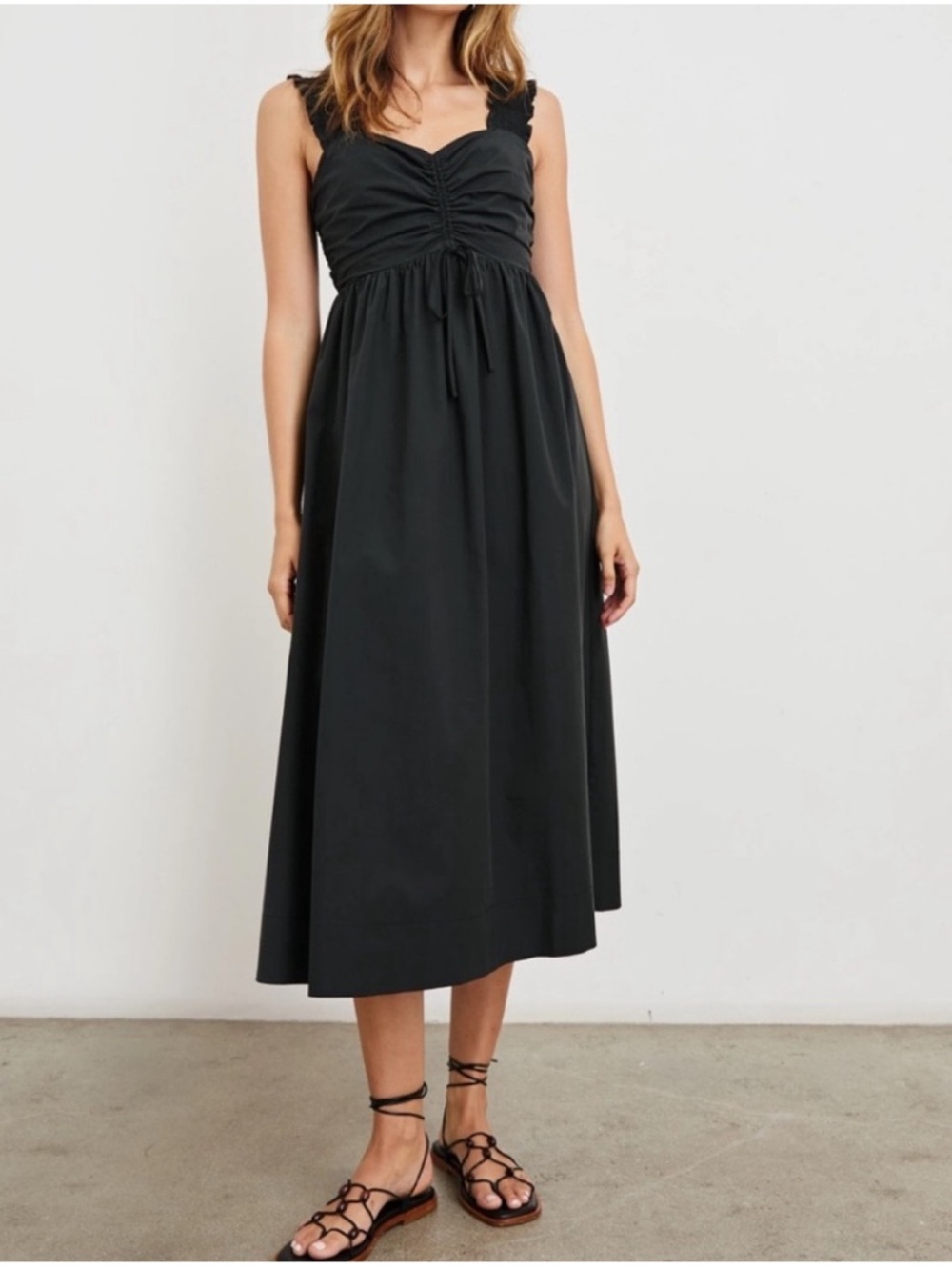 Rails Irisa Black Midi Dress NWOT Smocked Back Ruched Bodice Cotton Tencel